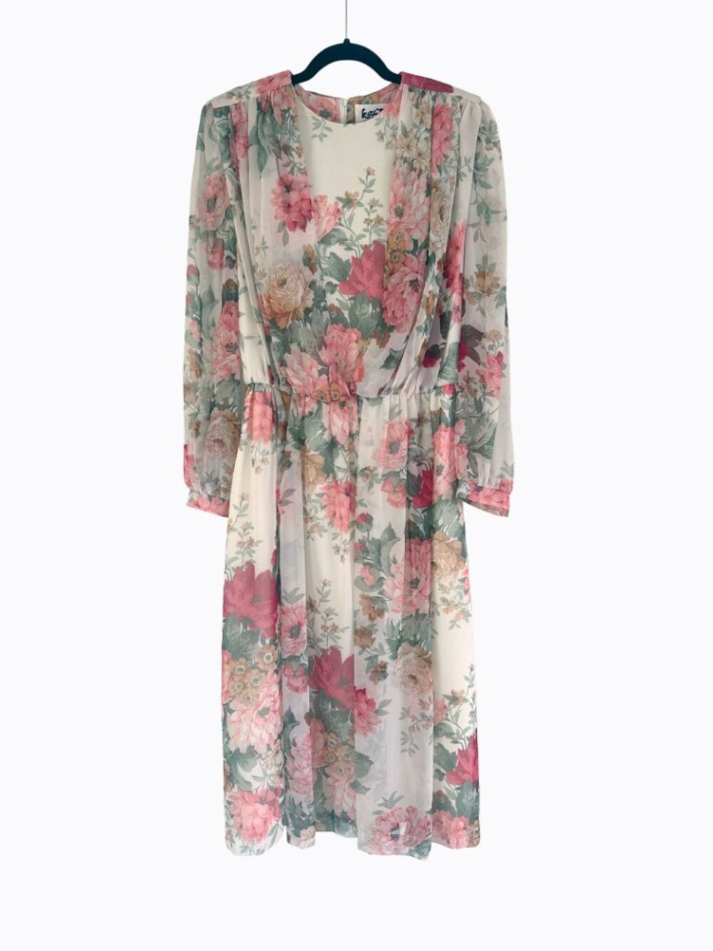 Vtg 80s Kathy J Floral Chiffon Midi Dress M 8/10 Sheer Puff Sleeve Romantic Chic